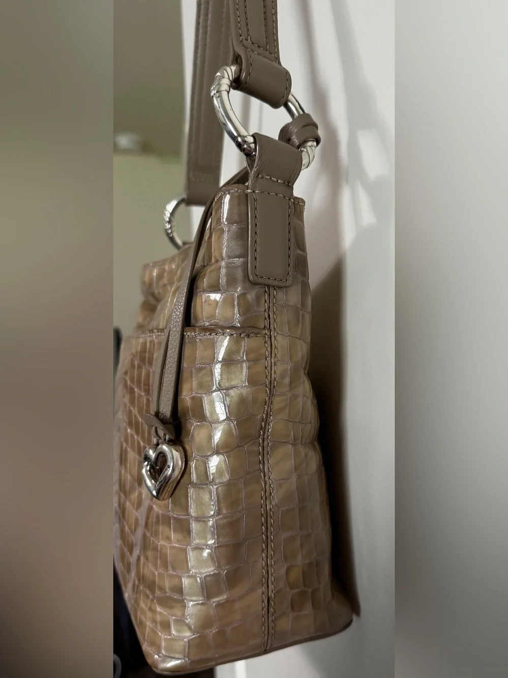 Brighton Cherie Croc Embossed Patent Leather Shoulder Bag Taupe